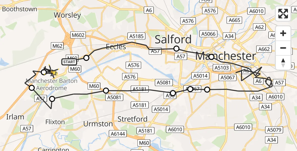 Flight route map: Police Helicopter to Manchester Barton Aerodrome, Manchester Barton Aerodrome