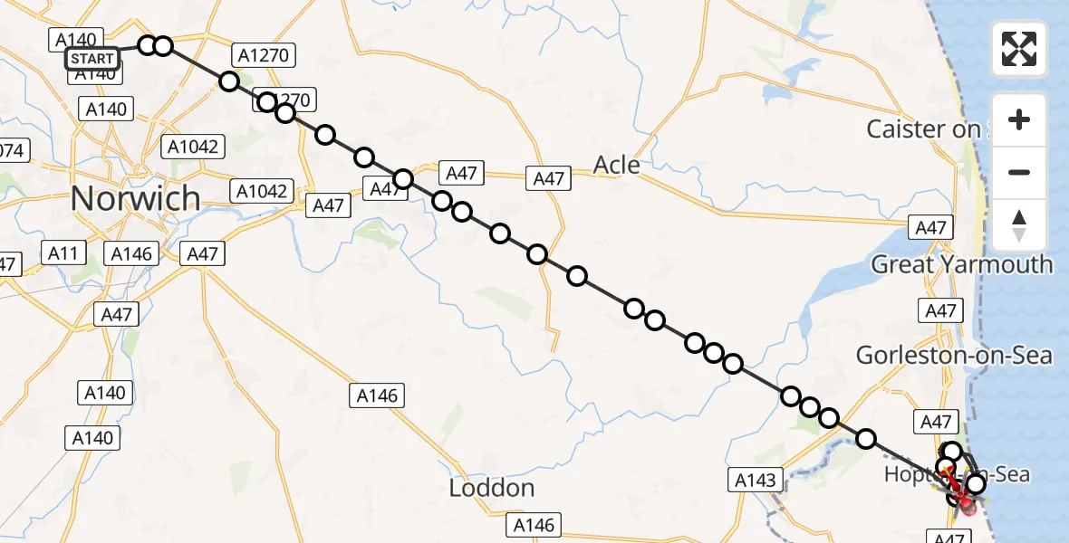 Flight route map: Air Ambulance Helicopter to Great Yarmouth, Longfulans Lane