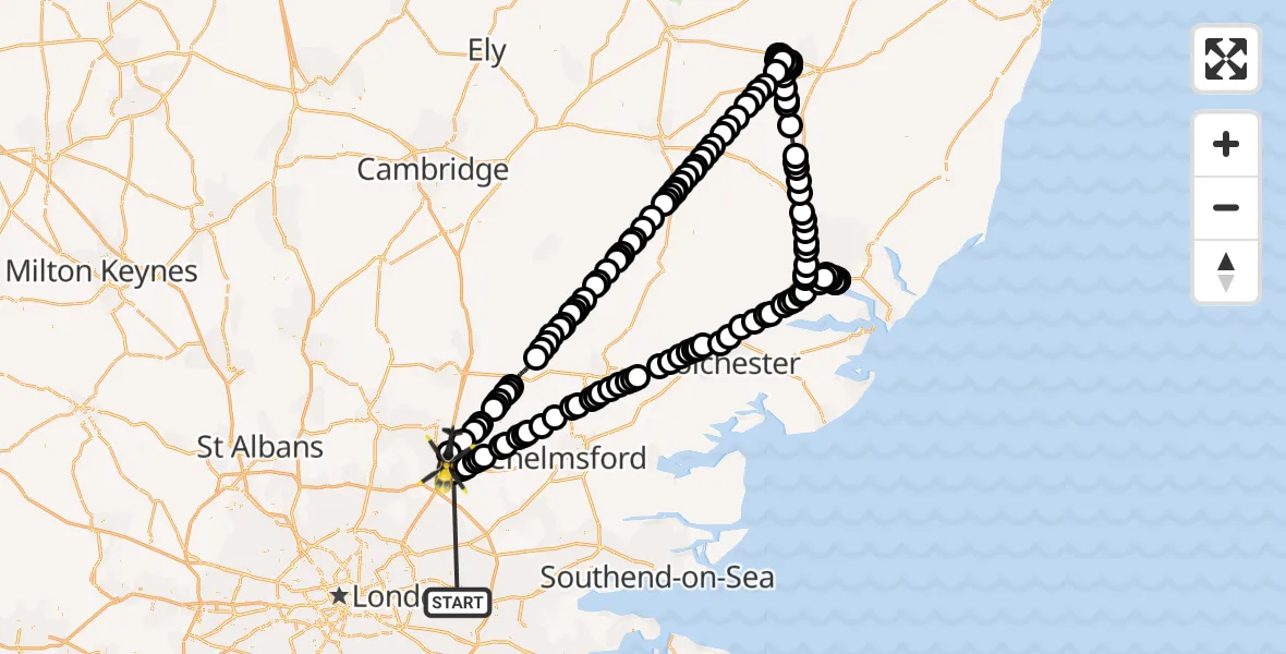 Flight route map: Police Helicopter to North Weald Bassett, Delved Bridge