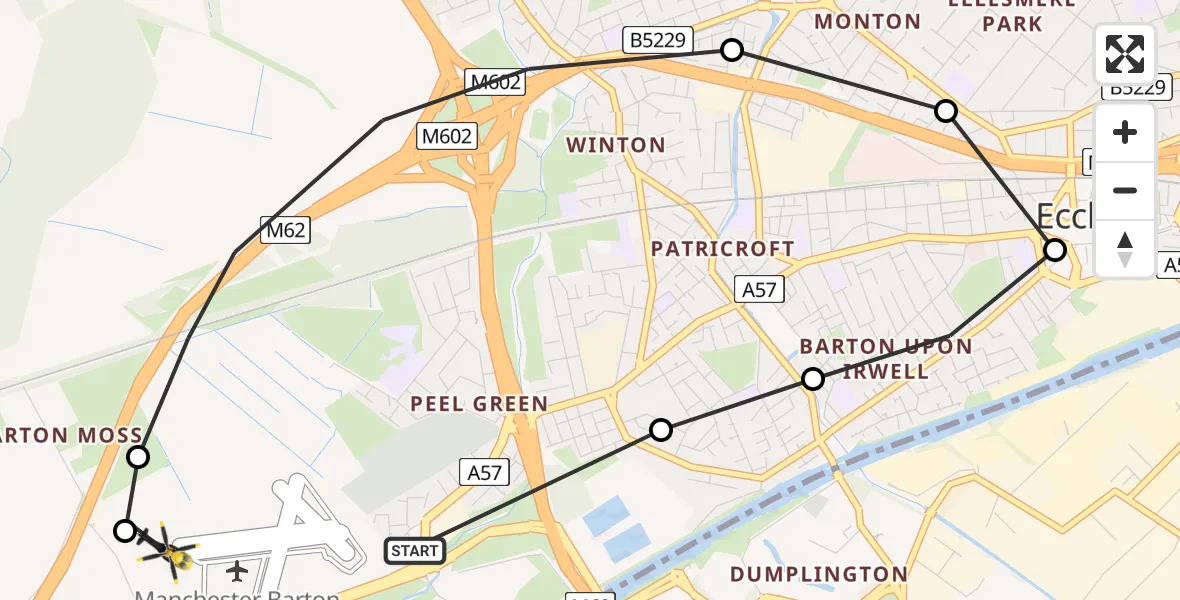 Flight path map showing Police Helicopter route from Manchester Barton Aerodrome to Manchester Barton Aerodrome