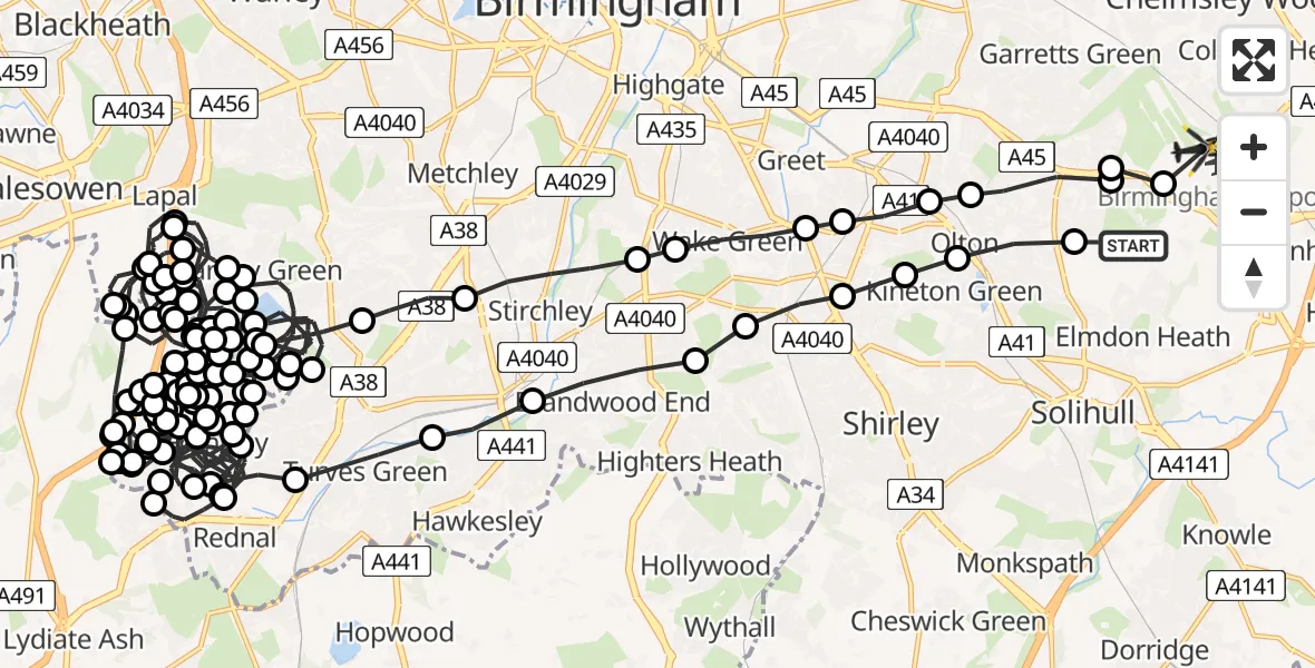 Flight route map: Police Helicopter to Birmingham Airport, Birmingham Airport