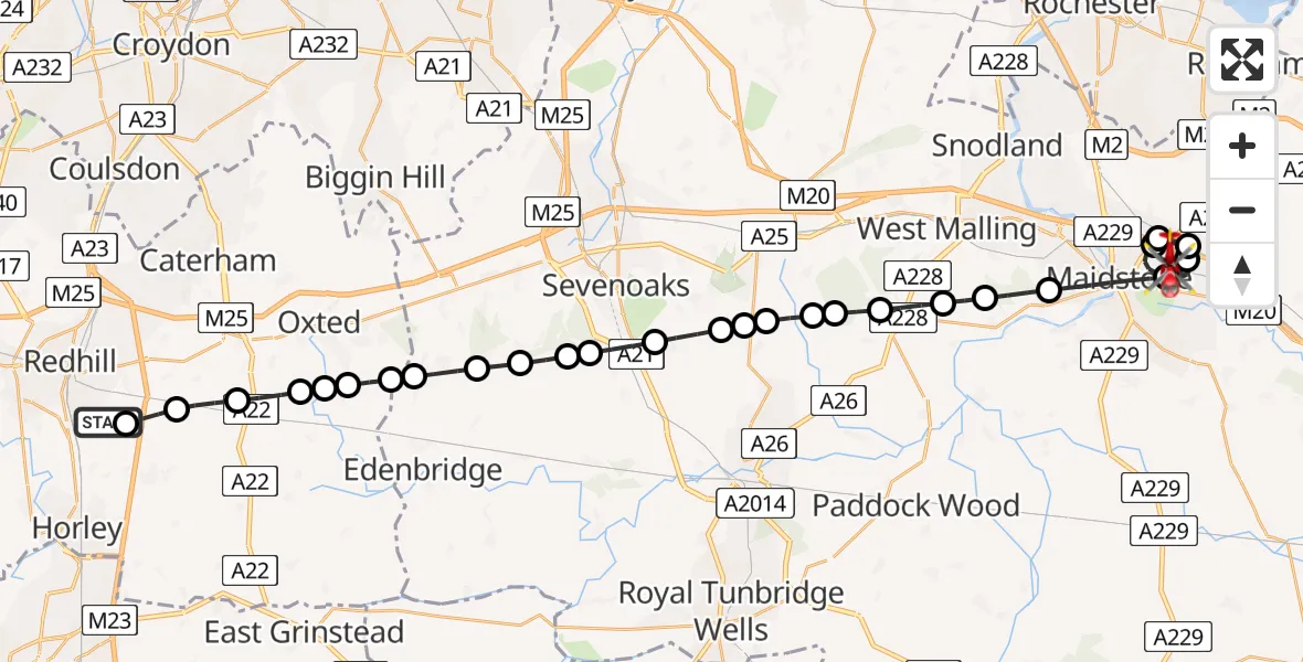 Flight route map: Air Ambulance Helicopter to Penenden Heath, Shepherds Gate Drive
