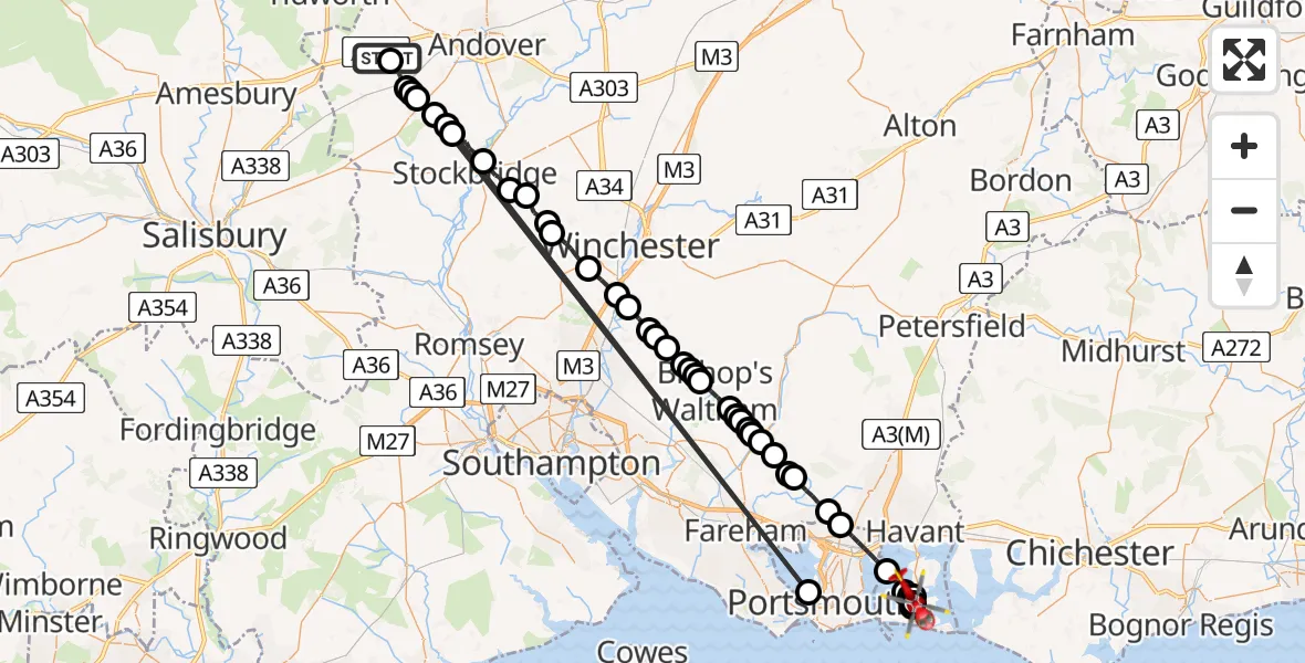 Flight route map: Air Ambulance Helicopter to Fleet, Havant footpath 521