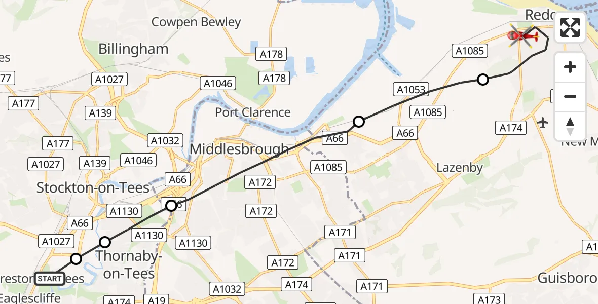 Routekaart van de vlucht: Air Ambulance Helicopter to Redcar, Greta Road