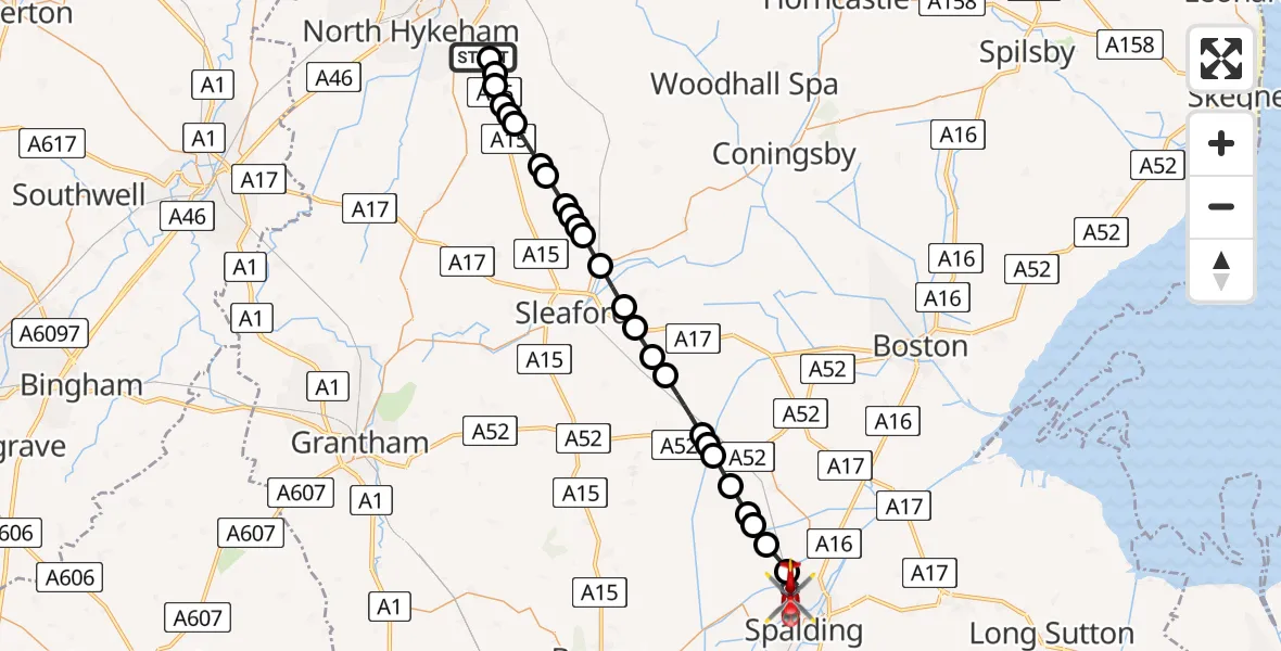 Flight route map: Air Ambulance Helicopter to Pinchbeck CP, Laxton Gardens