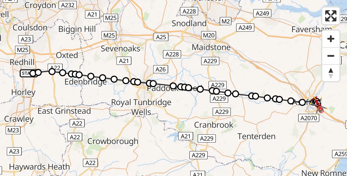 Flight route map: Air Ambulance Helicopter to Sevington, Sandy Lane