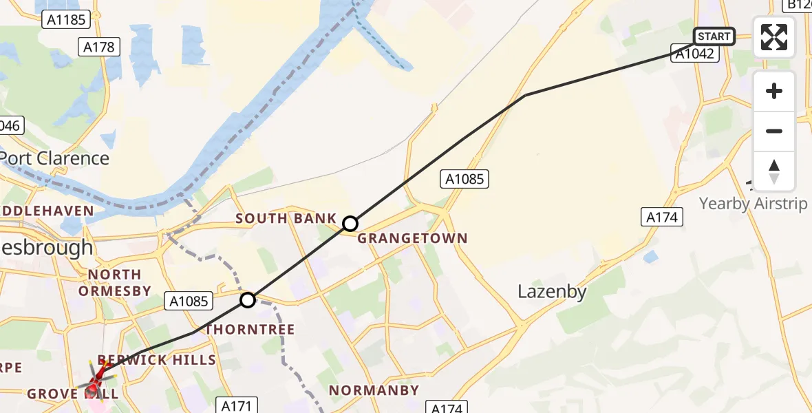 Flight route map: Air Ambulance Helicopter to Middlesbrough, Raines Court