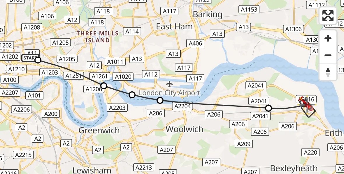 Flight route map: Air Ambulance Helicopter to London Borough of Bexley, Picardy Manorway