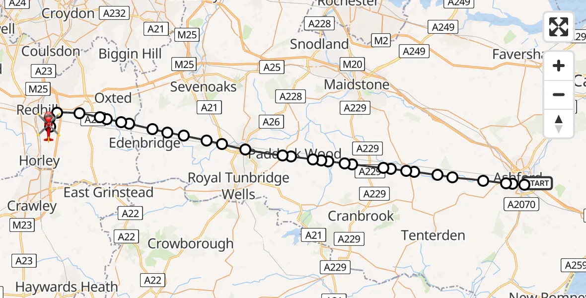 Flight route map: Air Ambulance Helicopter to Redhill Aerodrome, Redhill Aerodrome
