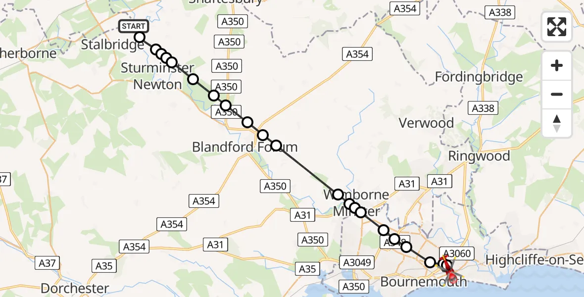 Flight route map: Air Ambulance Helicopter to Bournemouth, Kings Park Central Drive