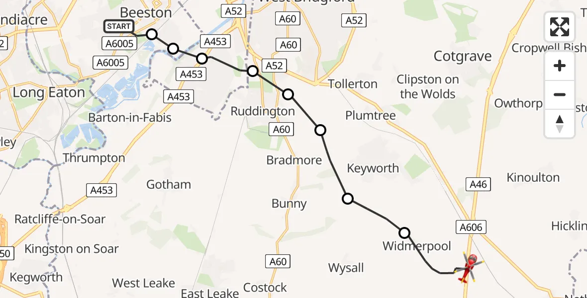 Flight route map: Air Ambulance Helicopter to Nottingham Heliport, Nottingham Heliport