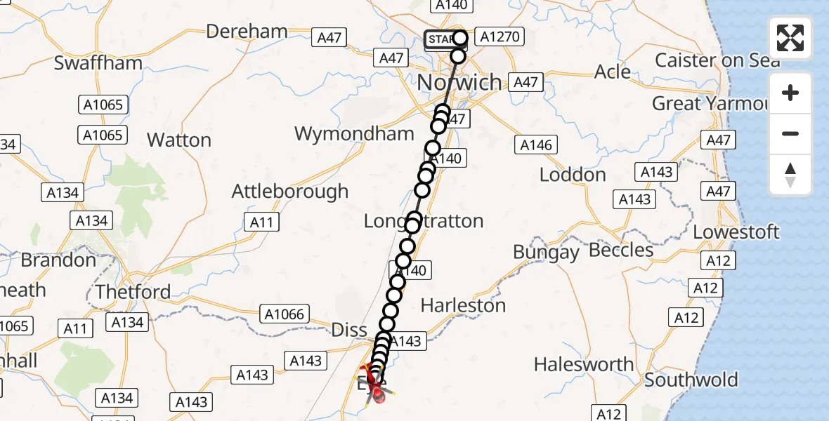 Flight route map: Air Ambulance Helicopter to Eye, Malster's Yard