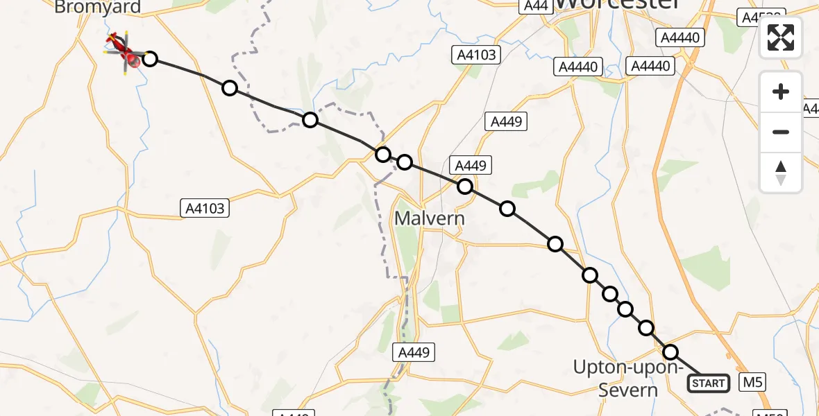 Routekaart van de vlucht: Air Ambulance Helicopter to Bromyard, Bromyard