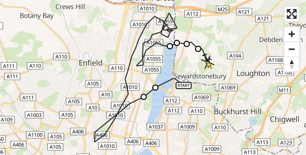 Flight route map: Police Helicopter to Sewardstonebury, Bury Road