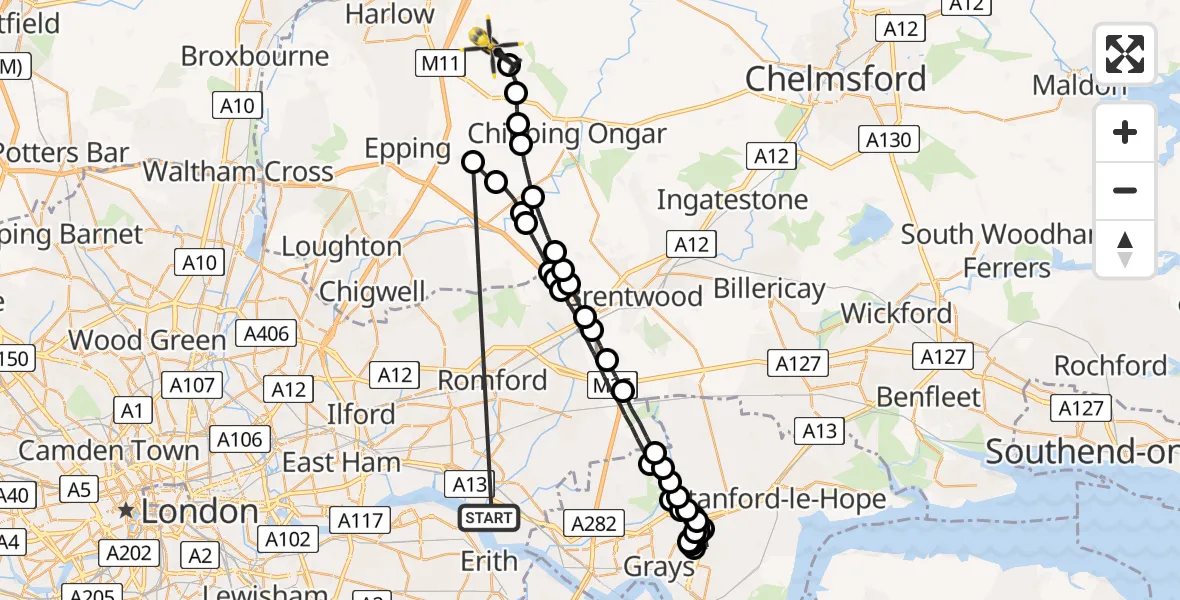 Flight route map: Police Helicopter to Magdalen Laver, Tilegate Road