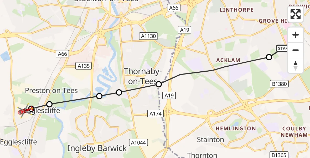 Flight route map: Air Ambulance Helicopter to Eaglescliffe, Sowerby Way