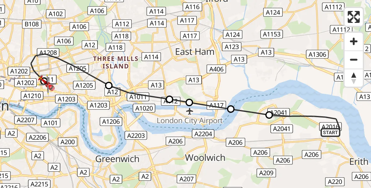 Routekaart van de vlucht: Air Ambulance Helicopter to Royal London Hospital, Royal London Hospital