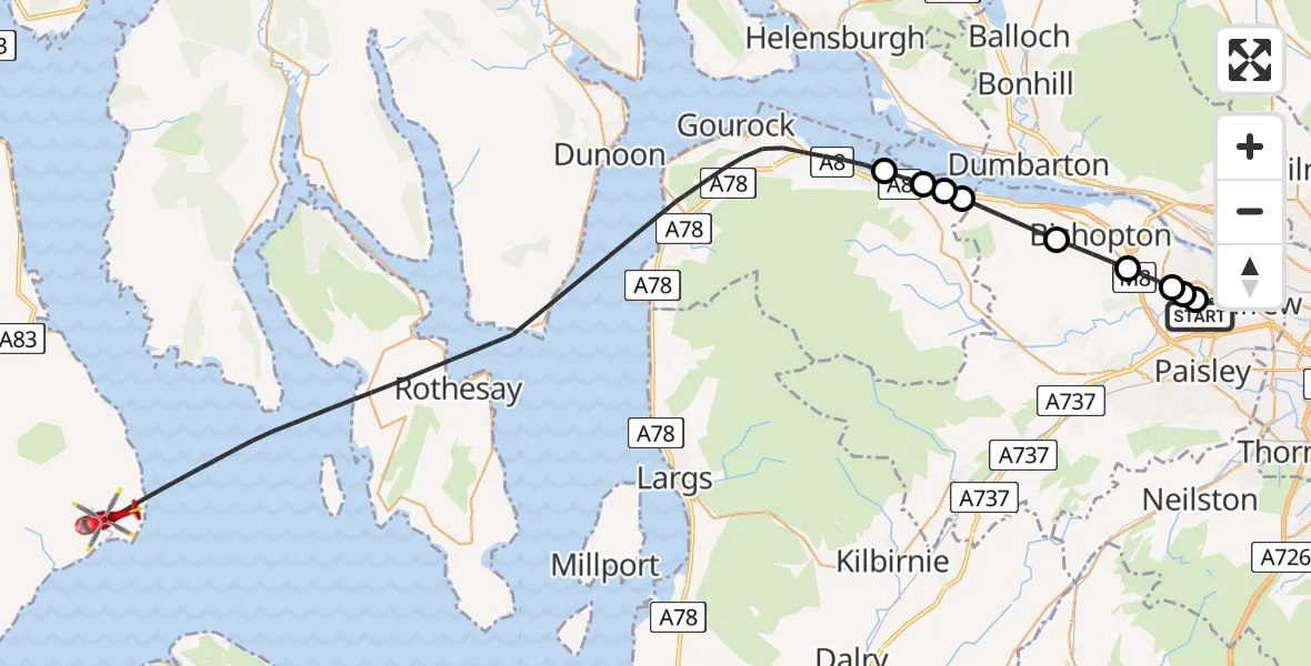 Flight path map showing Air Ambulance Helicopter route from Glasgow Airport to Inner Seas