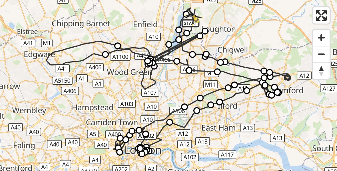 Flight route map: Police Helicopter to Epping Forest, Mott Street