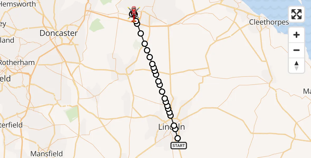 Flight route map: Air Ambulance Helicopter to Althorpe, Main Street