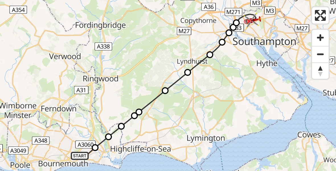 Flight route map: Air Ambulance Helicopter to University Hospital Southampton, University Hospital Southampton