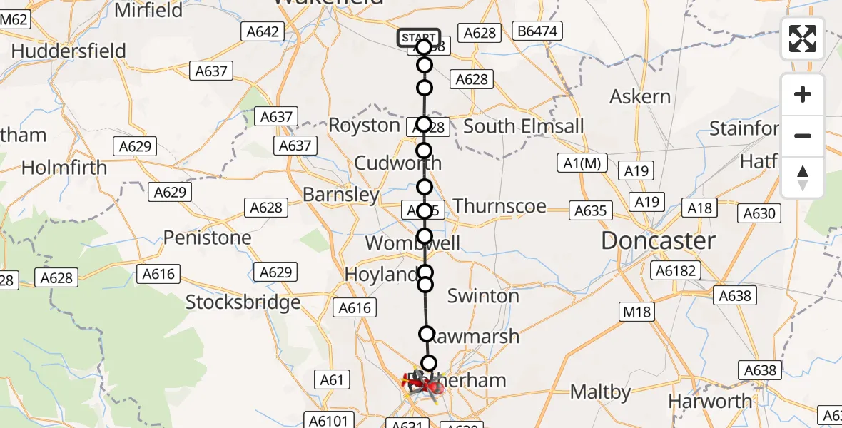 Flight route map: Air Ambulance Helicopter to Rotherham, Oakdale Place