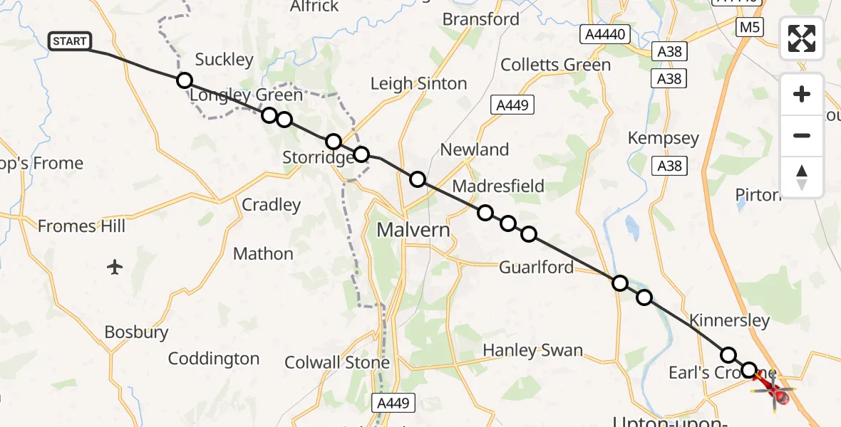 Routekaart van de vlucht: Air Ambulance Helicopter to Earl's Croome, A4104