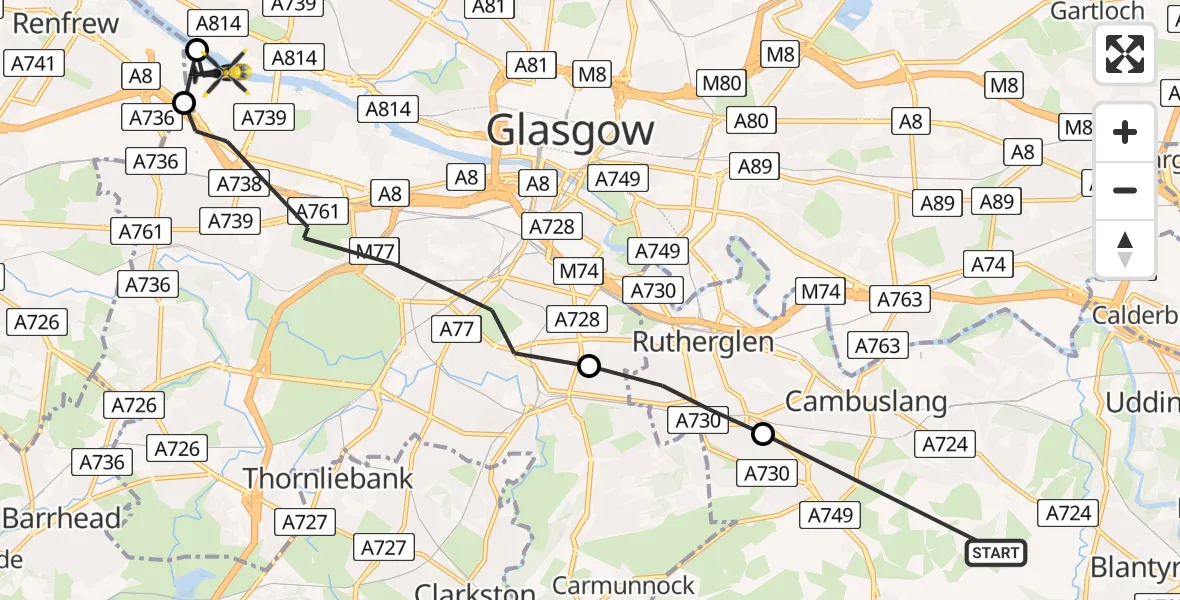 Flight route map: Police Helicopter to Glasgow, Renfrew Road