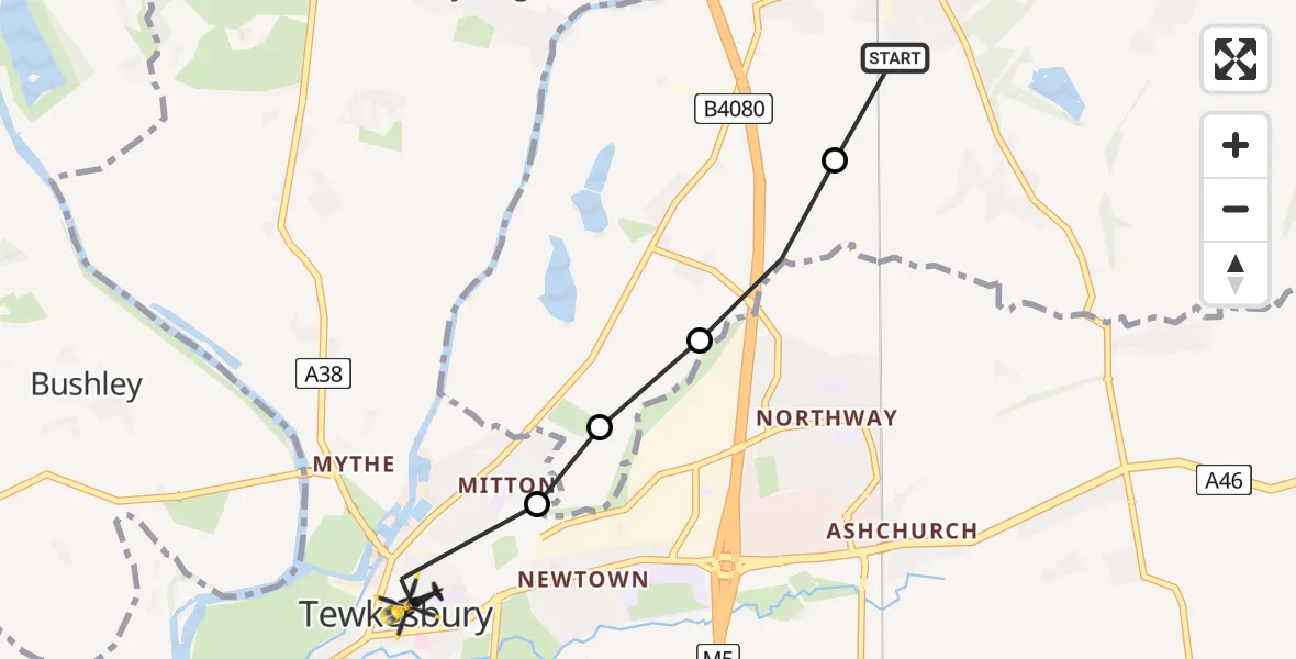 Flight path map showing Police Helicopter route from Bredon to Tewkesbury