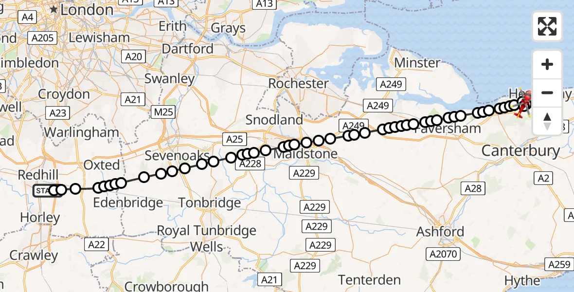 Flight route map: Air Ambulance Helicopter to Chestfield, Molehill Road