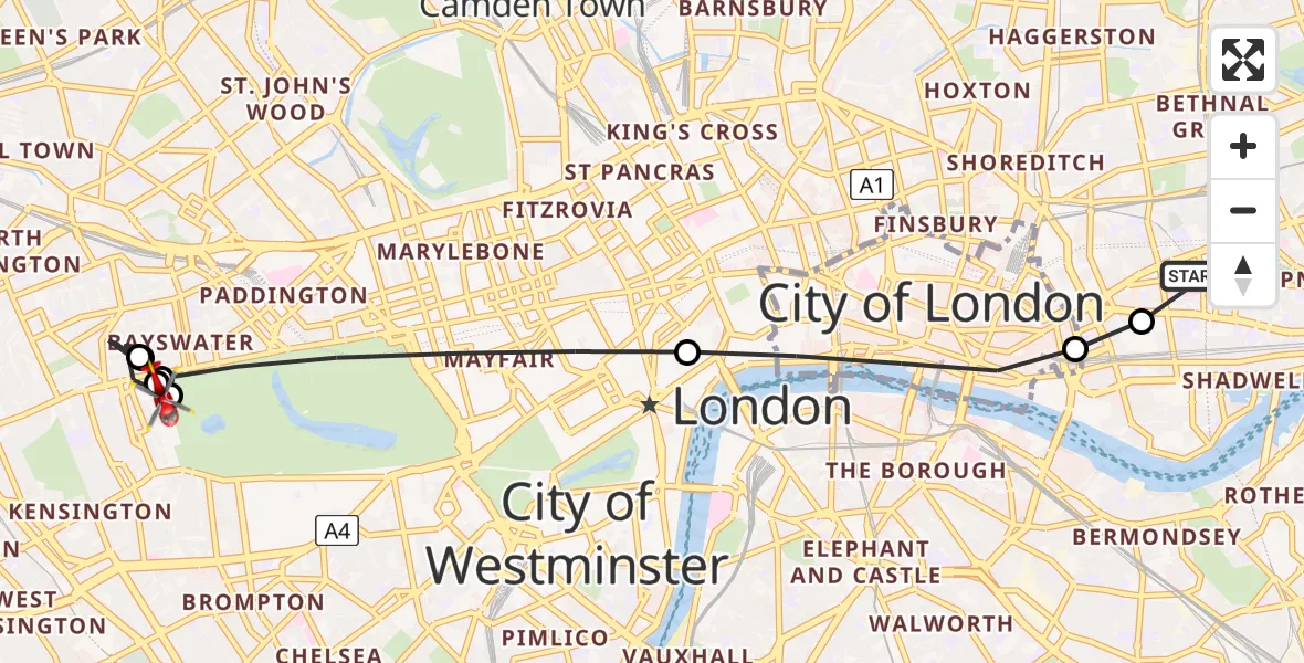 Flight route map: Air Ambulance Helicopter to Royal Borough of Kensington and Chelsea, Kensington Palace Gardens