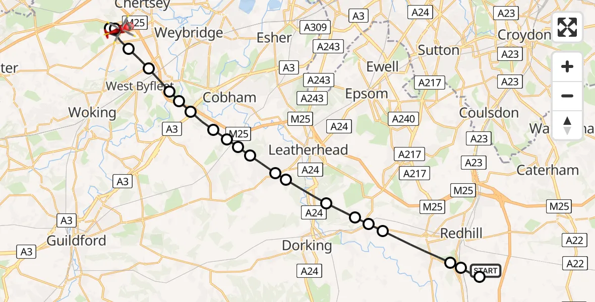 Flight route map: Air Ambulance Helicopter to Ottershaw, Hillswood Drive
