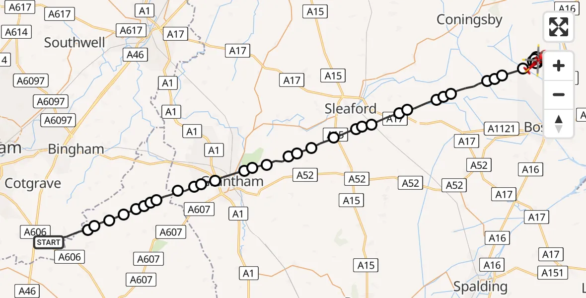 Flight route map: Air Ambulance Helicopter to Frithville, Carrington Road