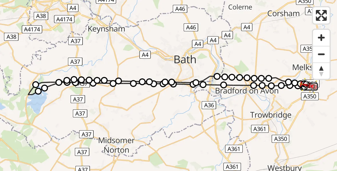 Flight route map: Air Ambulance Helicopter to Trowbridge, Trowbridge