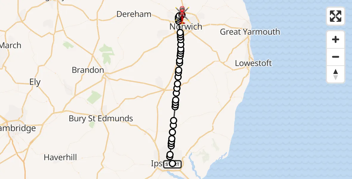 Flight route map: Air Ambulance Helicopter to Norwich Airport, Norwich Airport