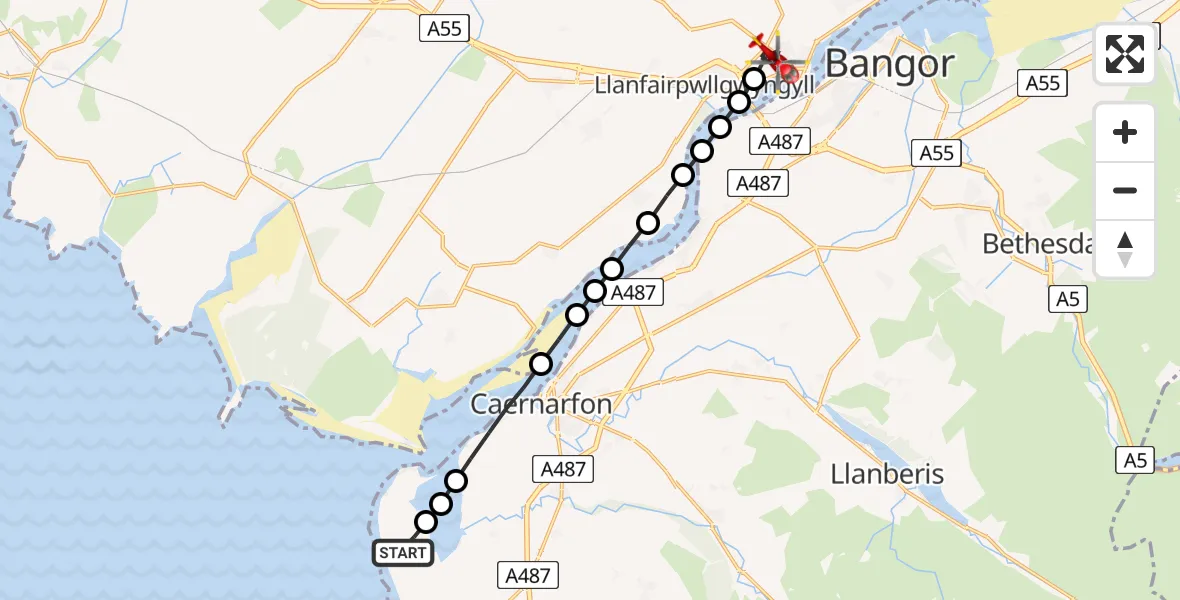 Flight route map: Air Ambulance Helicopter to Porthaethwy / Menai Bridge, Pentraeth Road