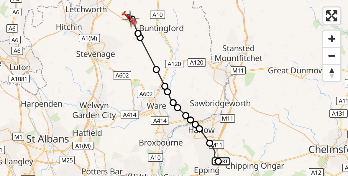 Flight route map: Air Ambulance Helicopter to North Hertfordshire, Bennett's Lane