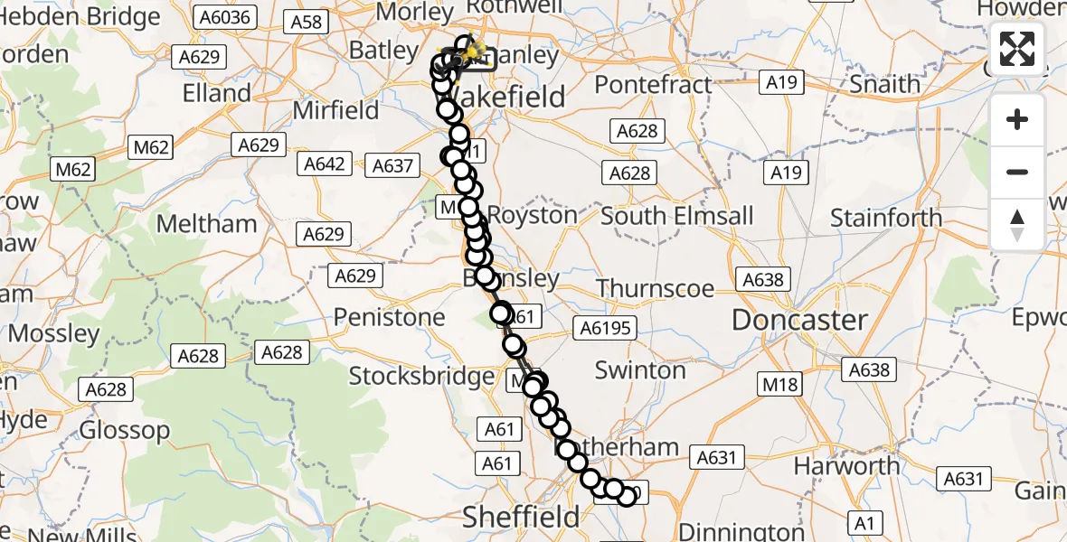 Flight path map showing Police Helicopter route from Wakefield to Wakefield