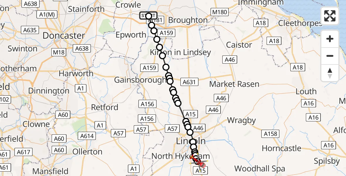 Routekaart van de vlucht: Air Ambulance Helicopter to North Kesteven, Sleaford Road