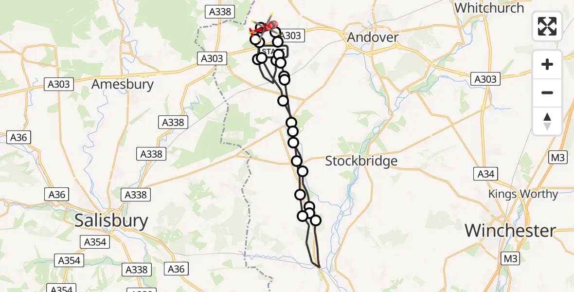 Flight route map: Air Ambulance Helicopter to Kimpton, Snoddington Lane