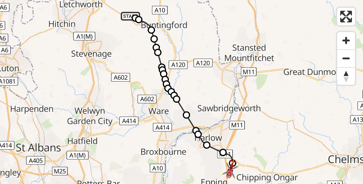 Routekaart van de vlucht: Air Ambulance Helicopter to North Weald Airfield, North Weald Airfield
