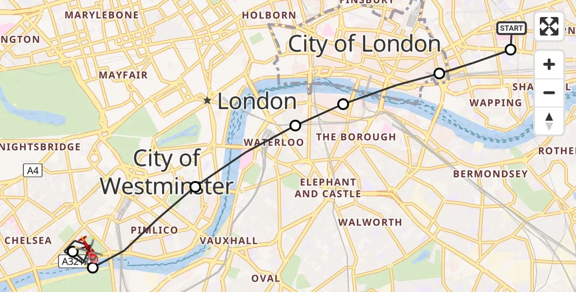 Flight route map: Air Ambulance Helicopter to Royal Borough of Kensington and Chelsea, Bull Ring Gate