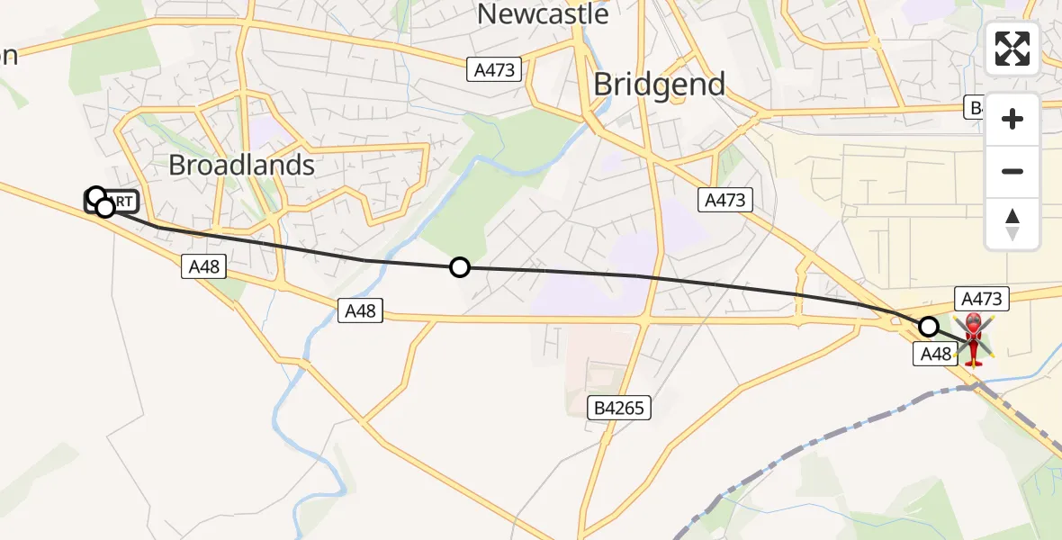 Routekaart van de vlucht: Air Ambulance Helicopter to Coychurch, Waterton Road