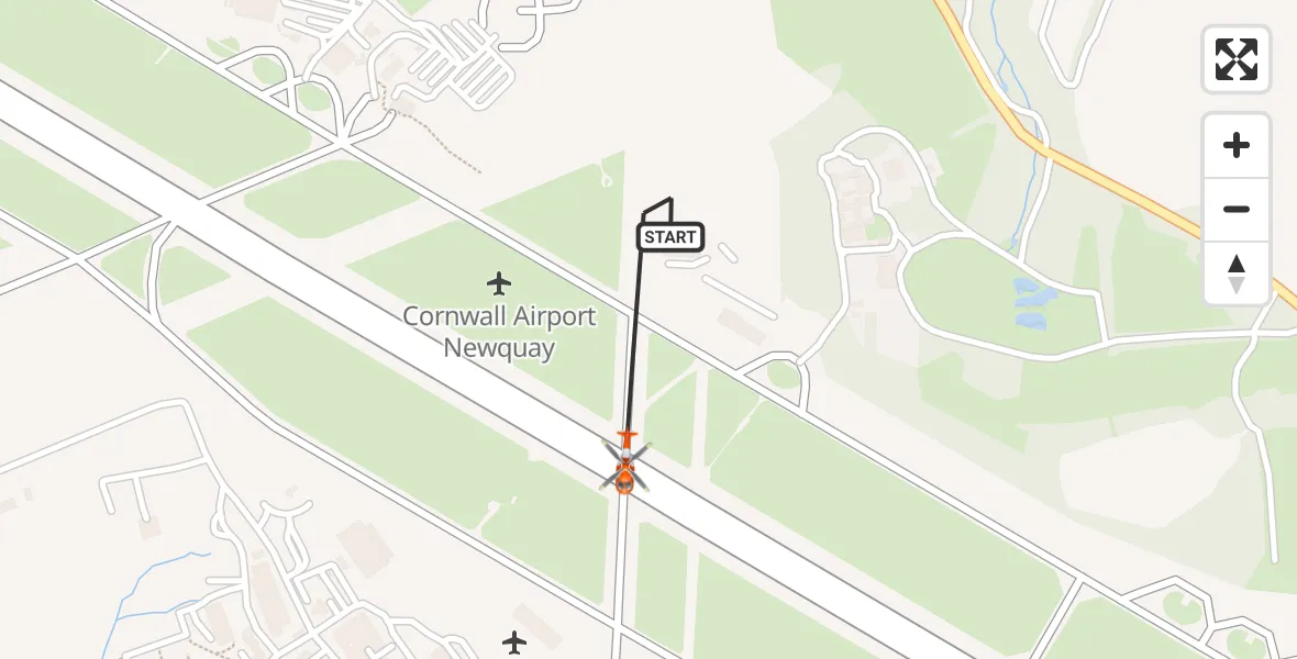 Flight path map showing Coastguard Helicopter route from Cornwall Airport Newquay to Cornwall Airport Newquay