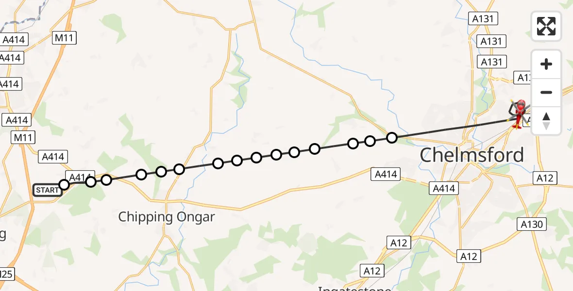 Flight route map: Air Ambulance Helicopter to Chelmsford, Burnell Gate