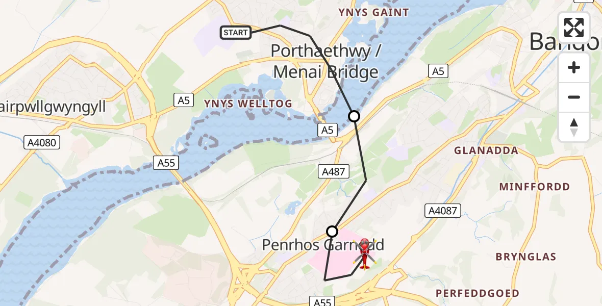 Routekaart van de vlucht: Air Ambulance Helicopter to Ysbyty Gwynedd Hospital Heliport, Ysbyty Gwynedd Hospital Heliport