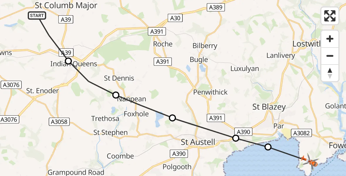 Flight route map: Coastguard Helicopter to Par, Saints Way