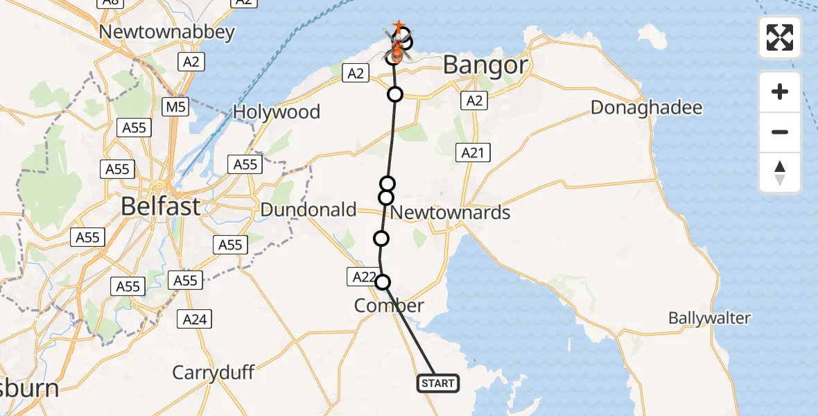 Routekaart van de vlucht: Coastguard Helicopter to Helen's Bay, Clandeboye Avenue