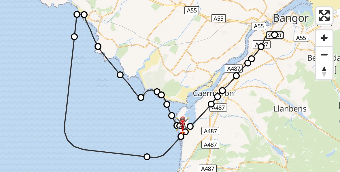 Flight route map: Air Ambulance Helicopter to Caernarfon Airport, Caernarfon Airport