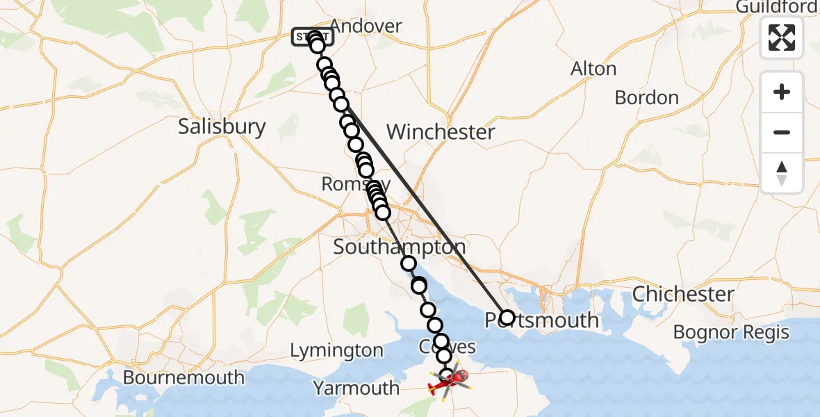 Flight route map: Air Ambulance Helicopter to Newport, Parkhurst Road